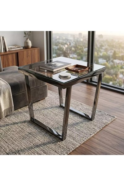 Generic Elegant Glass Top Stainless Steel Service Table - 55X55X55Cm - Black