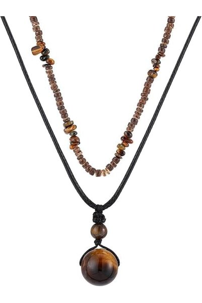 Generic Layered Puka Shell Necklace with Brown Coconut Wood Beads, Handmade B...