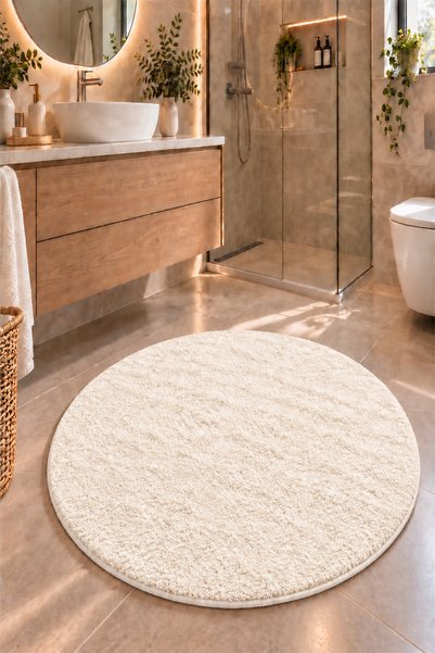 Raschel Carpet Krem Peluş Yıkanabilir Yumuşak Kaymaz Taban Su Emer Yuvarlak P...