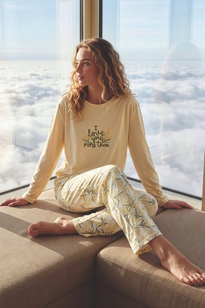 Relax Mode Kadın Sarı Penye Bisiklet Yaka Pijama Takımı - 7600-39R