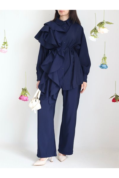 Hepsi Moda One-Shoulder Ruffle Pants Suit - 61848 - Navy Blue