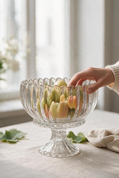 ALBETTO Luxury glass presentation plate with stand, round serving plate 23.5cm