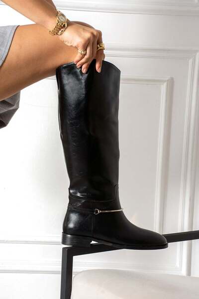dabab shoes Rustle Women's Black Wrinkled Patent Leather Metal Ring Detailed Warm Lined Non-Slip Sole 3 cm Heeled Long Boots