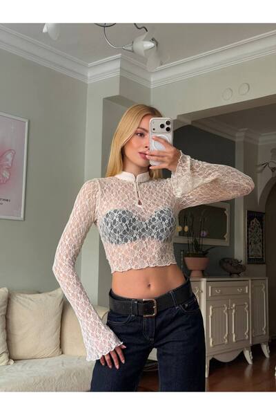 ELBEY Lace Patterned Long Sleeve High Neck Button Detailed Crop Blouse