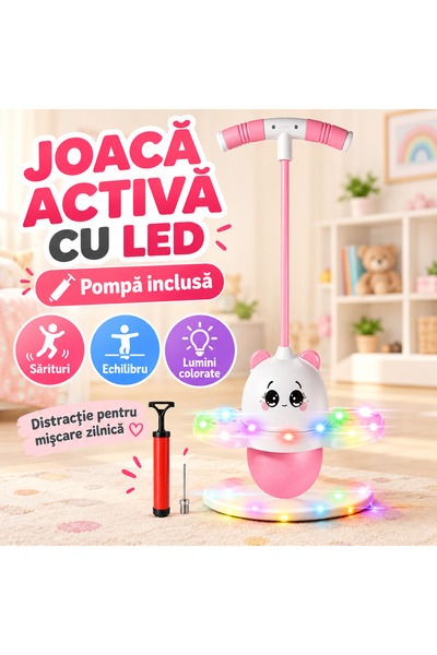 iTin Minge pogo cu maner si lumini LED, 38x80 cm, 200 kg, roz-alb, cu pompa