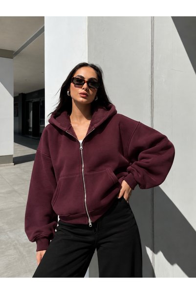 Kadın Fermuarlı Kapüşonlu Oversize Hırka