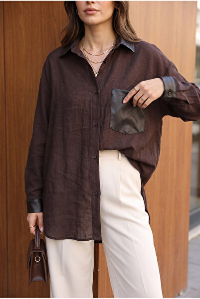 FEMELLE Braunes Oversize-Hemd für Damen, schwarzes Leder-Look, Kragentasche u...