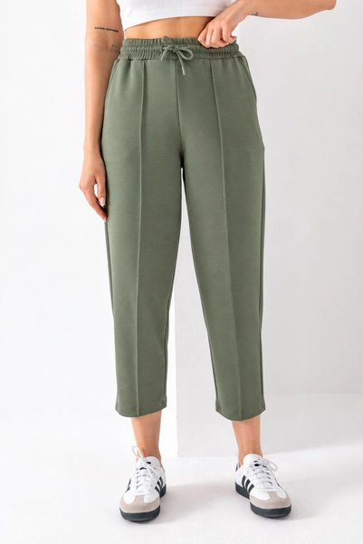 PHANTOM JEANS Green Color, Elastic Waist, Modal Fabric, Lace-Up, Ankle Length, Comfortable Cut Women's Trousers