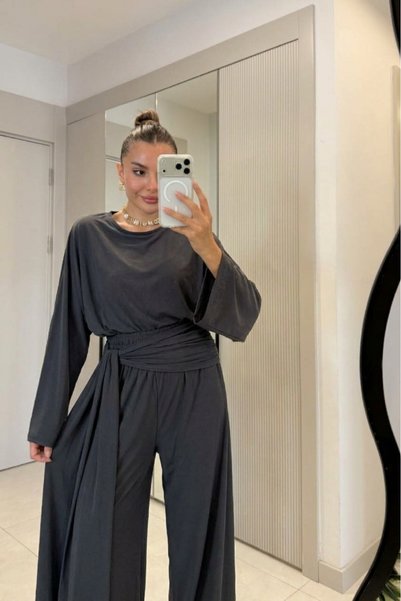 Marbella Kadın Bisiklet Yaka Vatkalı Bluz & Şalvar Pantolon Paçası Lastikli A...
