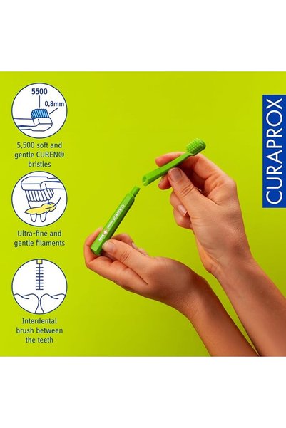 Curaprox مجموعة أدوات أسنان الأطفال للسفر، فرشاة قابلة للطي، معجون أسنان على شكل زهرة وفرشاة تنظيف ما بين الأسنان |   كورين