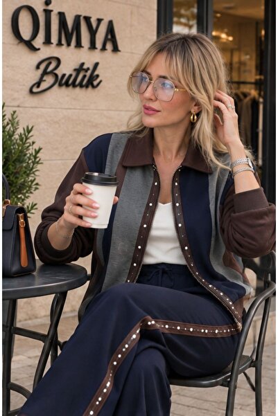 QİMYA BUTİK Keyymod Women's Suede Patchwork, Stone, Colorful Cotton Jacket and Pants Bottom Top Two Piece Set