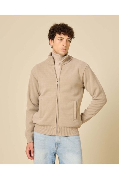 REDTAG Men Beige Plain Zip-Up Sweatshirt
