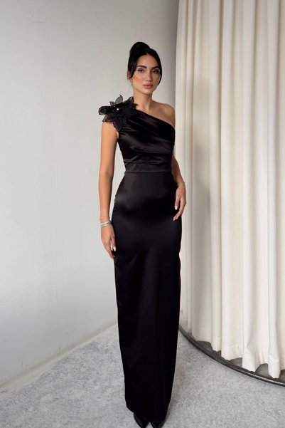 Sindimoda Tek Kol Çiçek Detay Saten Abiye 9374