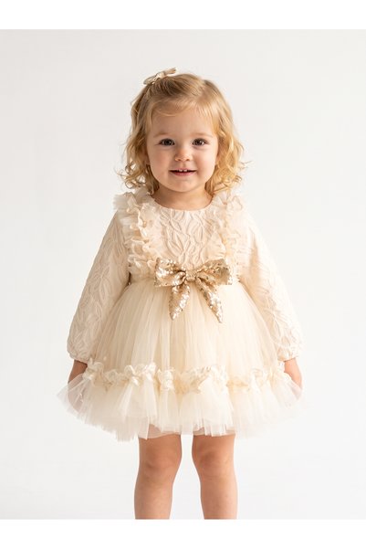 aysskids Chara Ecru Sequin Bow Tulle Skirt Girl's Birthday and Special Occasion Dress