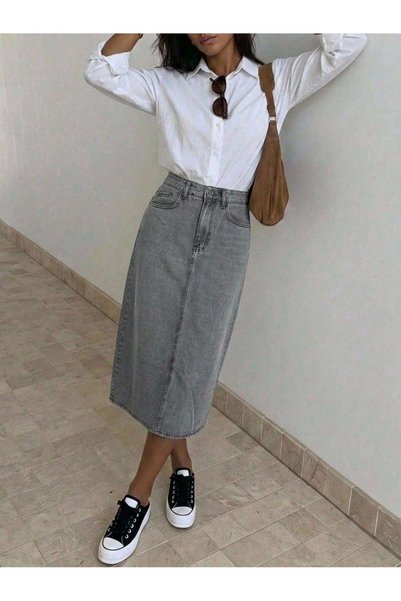 Noxter Women's Gray Washed High Waist Long Midi Jeans Skirt Denim Straight Cut