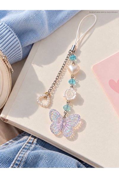 MİRAZ TASARIM Pearl Heart and Holographic Butterfly Figured Phone Charm, Blue Beaded Phone Strap, Bag and Camera Decoration