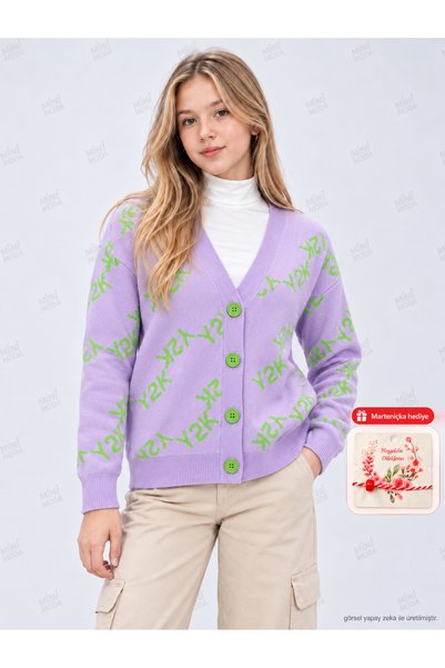 Minimoda Kids كارديجان تريكو للفتيات بتصميم Y2K وياقة على شكل V وأزرار