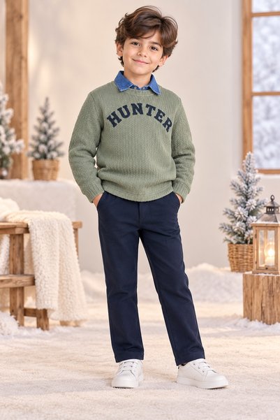 tinytrends Erkek Çocuk Hunter Triko Kazak Denim Gömlek Pantolon 3'lü Takım Bayramlık