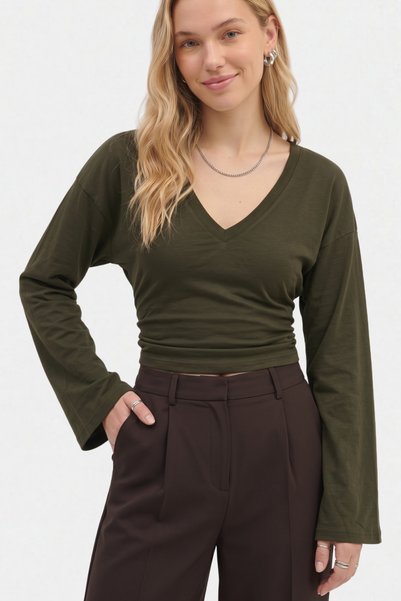 VODENS Khaki V-Neck Bat Sleeve 97% Cotton T-Shirt
