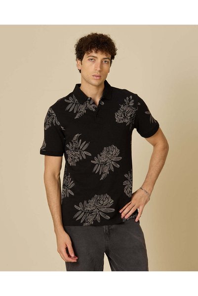 REDTAG Men Black Floral Printed Polo T-Shirt