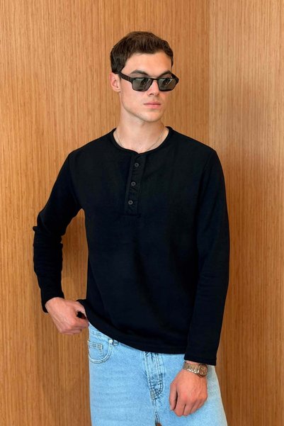 NGR Erkek Sierre Henley Yaka Selanik T-Shirt Siyah