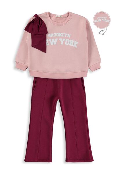 Civil Girls 6-9 Years Old Tracksuit Set with Bow - Powder
