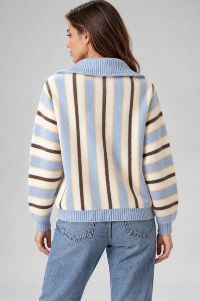 Lupies Women's Turtleneck Striped Double Zipper Wool Knitwear Cardigan