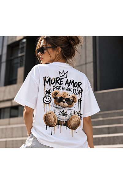 OEM Tricou Unisex Alb cu Imprimeu pe Spate MORE AMOR POR FAVOR – Ursuleț Stre...