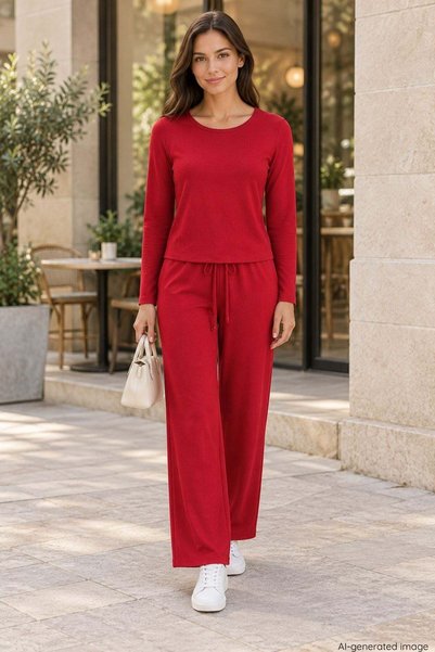 Mossta Round Neck Long Sleeve Modal Double Set - Red
