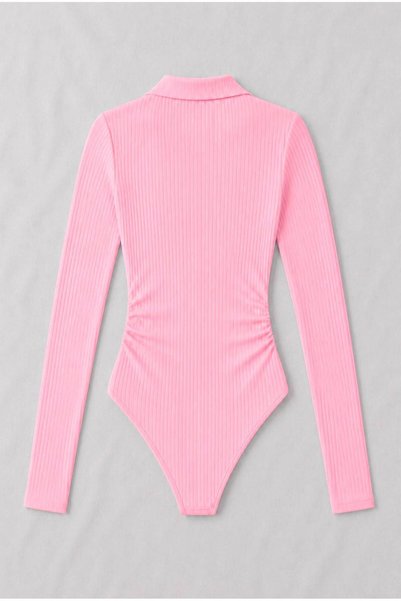 Minga London Pembe Polo Yaka Uzun Kol Fitilli Likralı Premium Zıbın