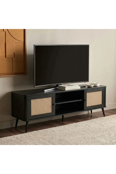 Generic وحدة تلفزيون راتان بتصميم فاخر ــ أسود ــ 180x40x45 سم