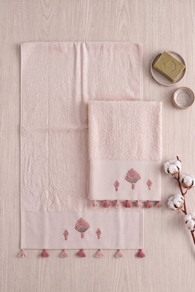 DNZGÜLCAN Tasseled and Embroidered Bath Towel Set |   70X140 cm Bath Towel, 50X90 cm Hand-Face-Hair Towel |   100% Cotton Hammam Set |   Dowry Box, Premium Set