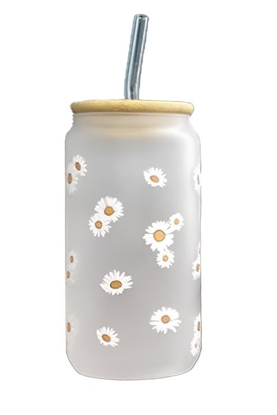 OEM Γυάλινο ποτήρι 500ml με καλαμάκι και καπάκι μαργαρίτες 28875