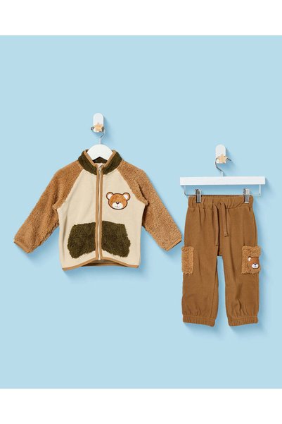 REDTAG Infant Boys Brown Colour Block Jog Set 2 Piece