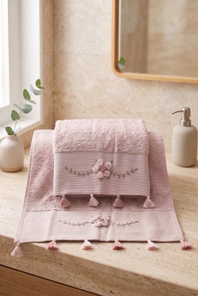 DNZGÜLCAN Tasseled and Embroidered Bath Towel Set |   70X140 cm Bath Towel, 5...