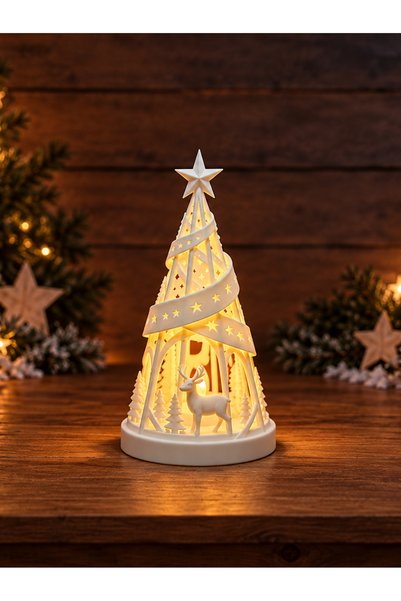 LİYA3D 3D Baskı Işıklı Noel Ağacı Geyik Figürlü Yılbaşı Dekoratif Gece Lambas...