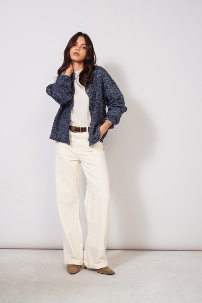 Nisan Crew Neck Buttoned Melange Knitwear Cardigan Blue Melange