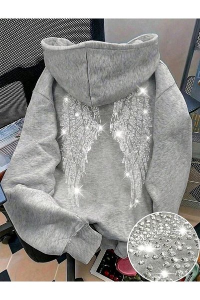 Ryam Fashionable Women's Winged Stone Printed 3 Threaded Yarn Embossed Fabric Hooded Oversize Sweatshirt