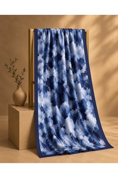 AGAPI Navy Blue Marbled Patterned Shawl – Modern Hijab Shawl with Abstract Pattern and Navy Blue Edges