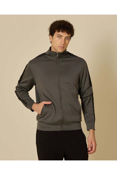 REDTAG Men Grey Plain Zip-Up Sweatshirt