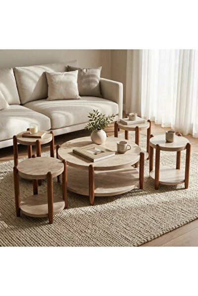 Generic طقم طاولات وسطية وجانبية من خشب بتصميم عصري ــ بيج وبني ــ 80×80×45سم
