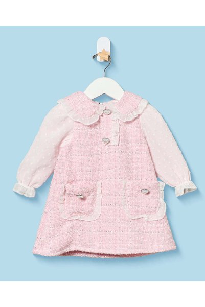 REDTAG Infant Girls Pink And Ivory Tweed Dress