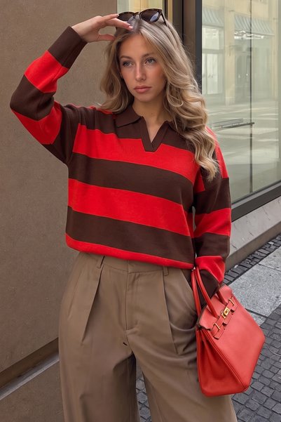 SUBU TASARIM Pulover tricotat supradimensionat cu dungi și guler polo TBSFHM4449