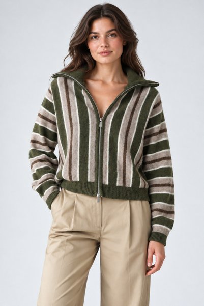 Lupies Women's Turtleneck Striped Double Zipper Wool Knitwear Cardigan