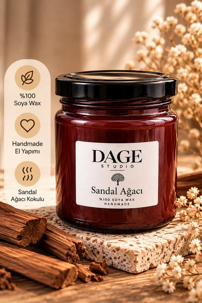 DAGE Studio El Yapımı Sandal Ağacı Kokulu Dekoratif Amber Cam Doğal Soya Mumu...