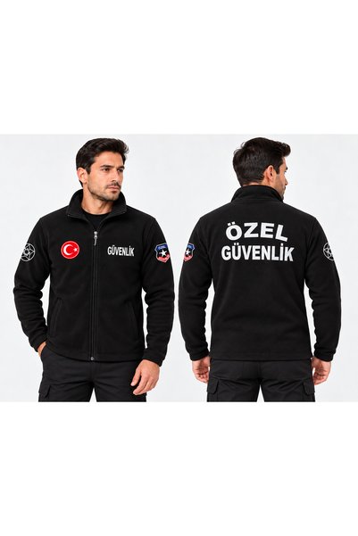 euniform Erkek Siyah Özel Güvenlik Polar Hırka Fermuarlı Cepli Baskılı