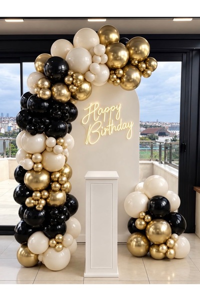Çemrek Süs Parti Black Retro White Gold Chrome Balloon Chain Set of 100