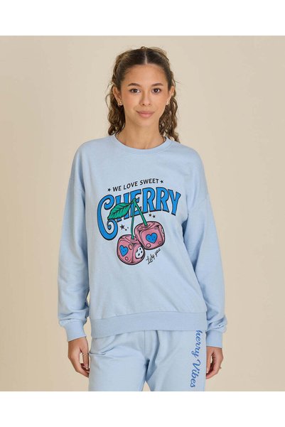 REDTAG Senior Girls Blue Cherry Graphic Sweatshirt