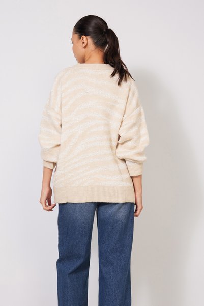 Nisan Pulover din tricot cu decolteu rotund, cu paiete și model animal, culoare piatră