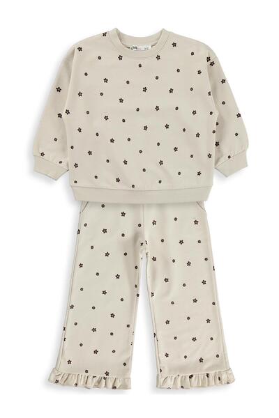 Civil Girls Crispy Floral Patterned 2-5 Years Old Tracksuit Set - Beige